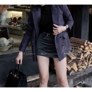Siêu phẩm áo blaze da lộn màu xanh mix chân váy kẻ ô tặng kèm thắt lưng lên form chuẩn hàng cao cấp - Baotrang.clothes