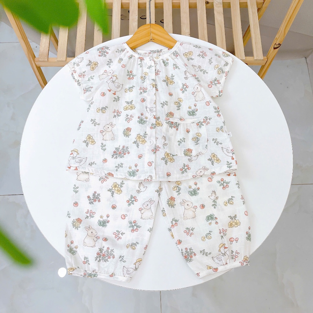 Bộ tay ngắn quần dài xô cotton Lá Homewear A339, đồ ngủ cộc tay bé gái quần bí dễ thương mềm mát