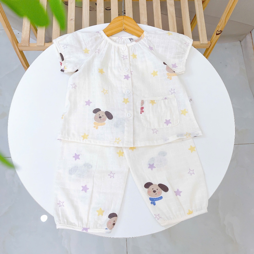 Bộ tay ngắn quần dài xô cotton Lá Homewear A339, đồ ngủ cộc tay bé gái quần bí dễ thương mềm mát