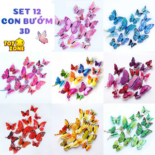 Bộ 12 Con Bướm 3D 2 Lớp Sẵn Keo Dán Kích Thước Từ 6 - 12 cm Decor, Trang Trí Dán Tường, Studio, Hít Tủ Lạnh Đẹp Mắt