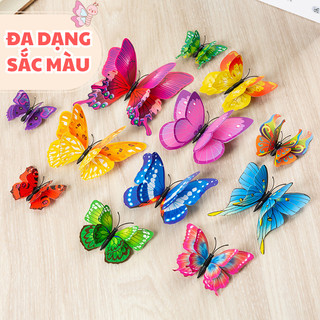 Bộ 12 Con Bướm 3D 2 Lớp Sẵn Keo Dán Kích Thước Từ 6 - 12 cm Decor, Trang Trí Dán Tường, Studio, Hít Tủ Lạnh Đẹp Mắt