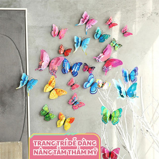 Bộ 12 Con Bướm 3D 2 Lớp Sẵn Keo Dán Kích Thước Từ 6 - 12 cm Decor, Trang Trí Dán Tường, Studio, Hít Tủ Lạnh Đẹp Mắt