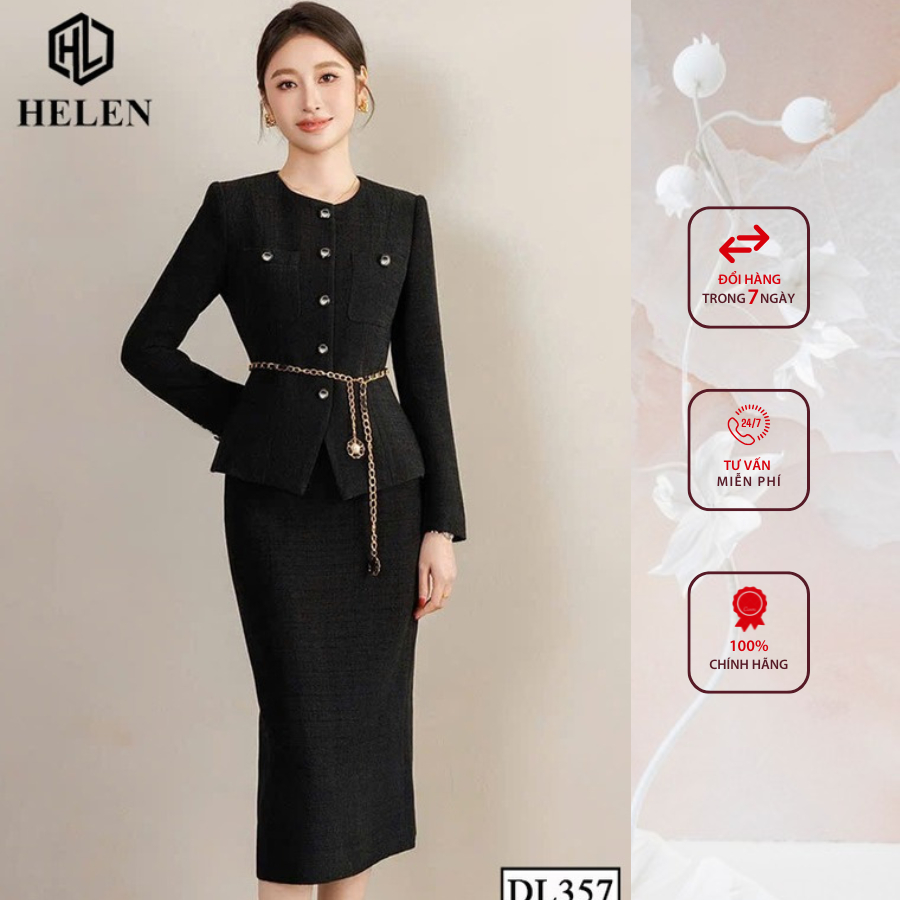 Đầm liền công sở HELEN thiết kế dáng ôm dạ đen giả set đính cúc ngực DL357