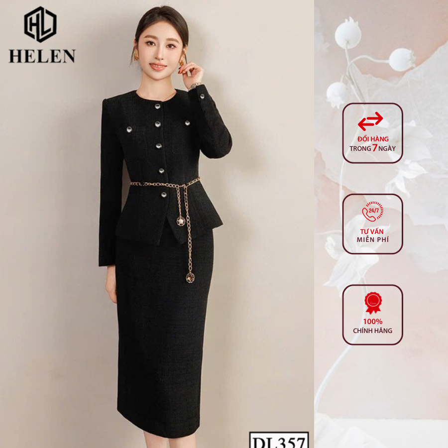 Đầm liền công sở HELEN thiết kế dáng ôm dạ đen giả set đính cúc ngực DL357