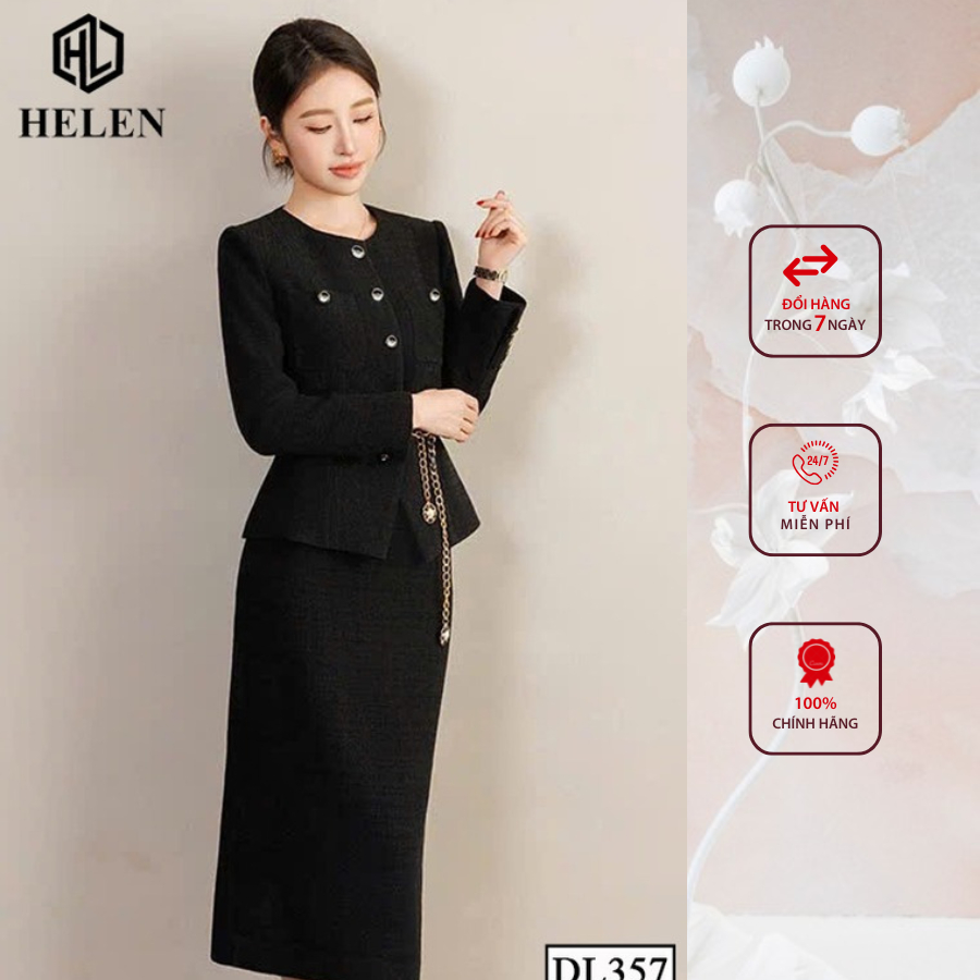 Đầm liền công sở HELEN thiết kế dáng ôm dạ đen giả set đính cúc ngực DL357