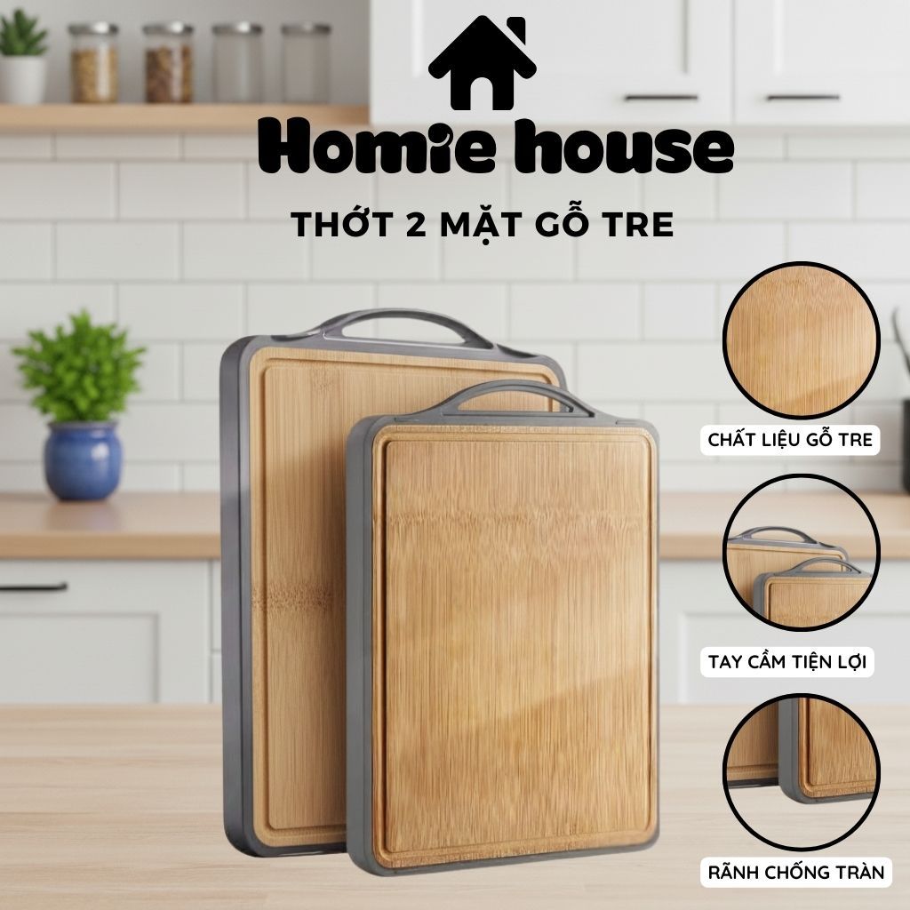 Thớt Gỗ Tre Nguyên Khối Chống Nấm Mốc Kháng Khuẩn – Thớt 2 Mặt Tre Đặc Cao Cấp, Có Tay Cầm Treo