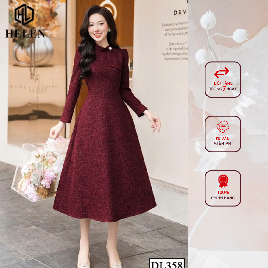 Đầm liền công sở HELEN thiết kế dáng xòe dạ đỏ đô cổ nơ lệch tay dài DL358
