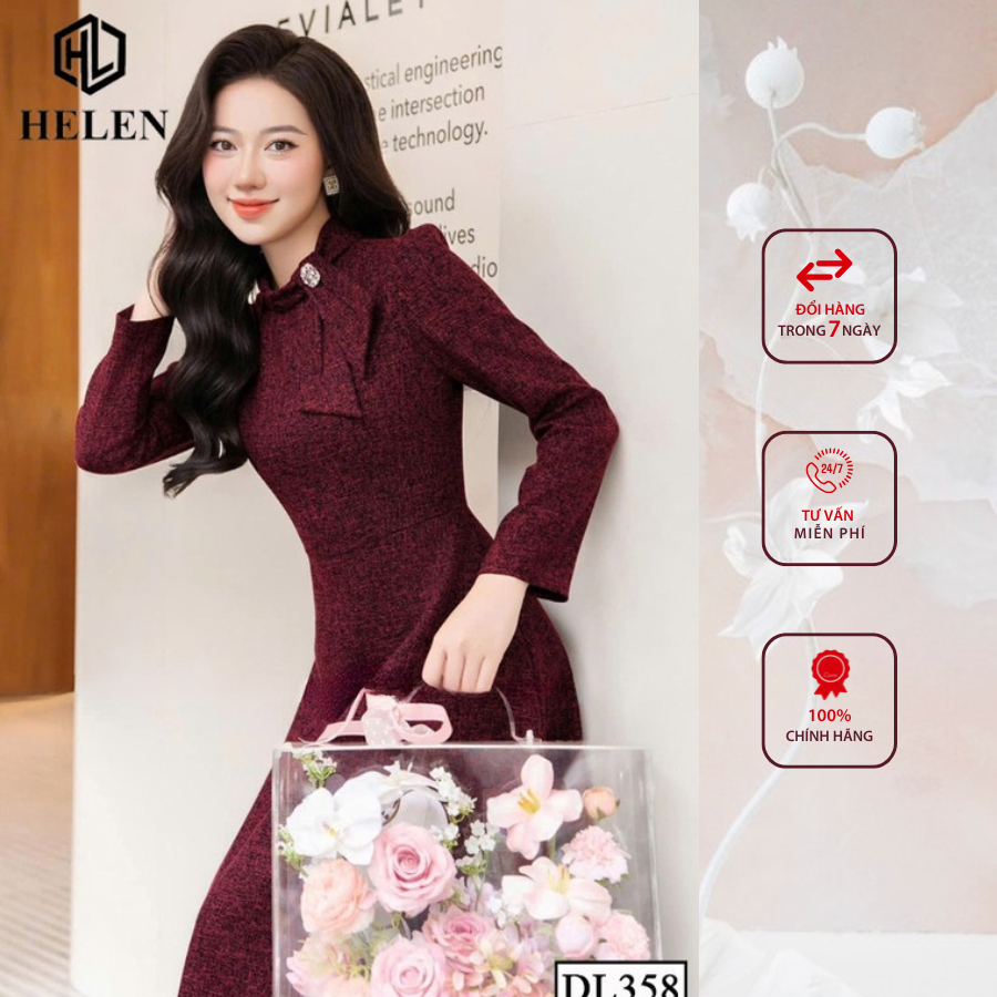 Đầm liền công sở HELEN thiết kế dáng xòe dạ đỏ đô cổ nơ lệch tay dài DL358