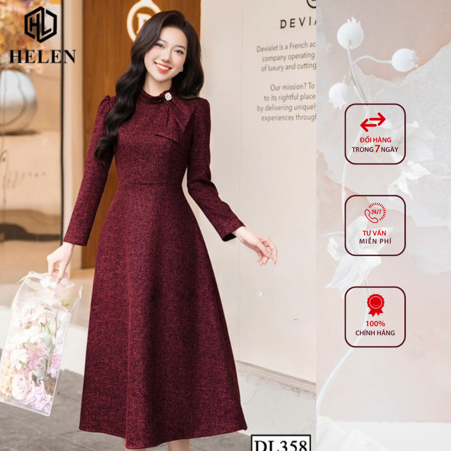 Đầm liền công sở HELEN thiết kế dáng xòe dạ đỏ đô cổ nơ lệch tay dài DL358