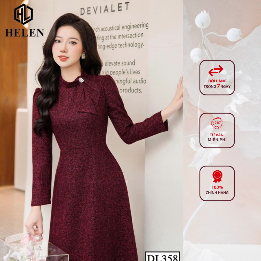Đầm liền công sở HELEN thiết kế dáng xòe dạ đỏ đô cổ nơ lệch tay dài DL358