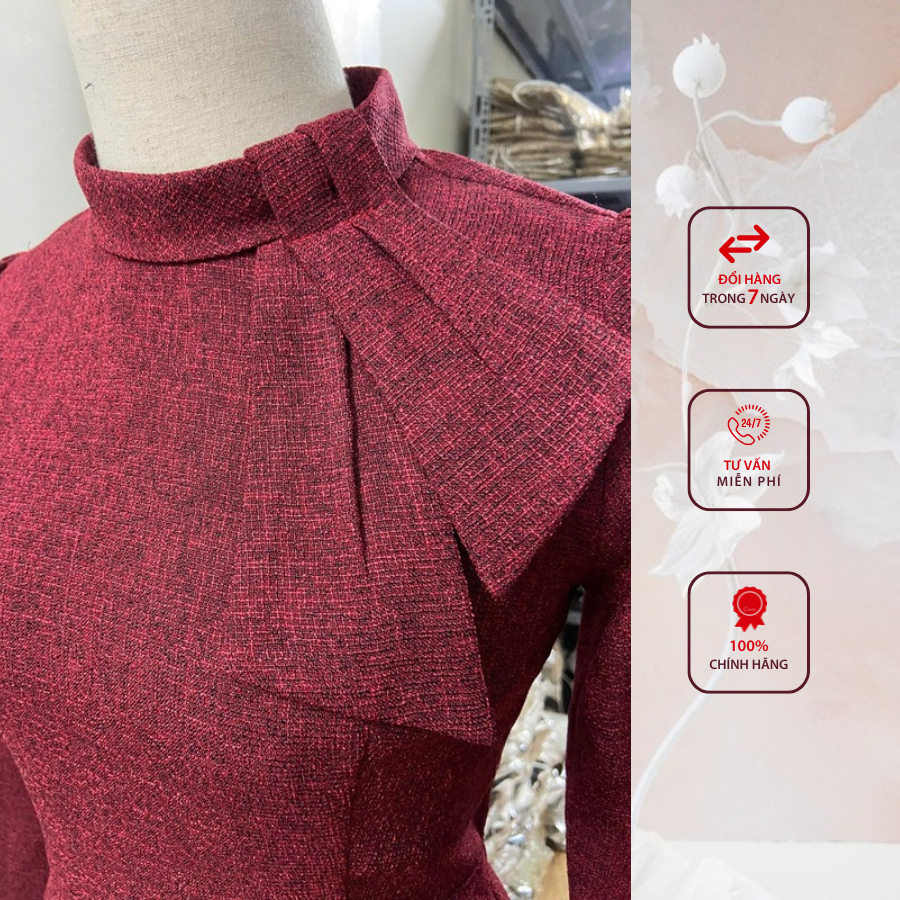 Đầm liền công sở HELEN thiết kế dáng xòe dạ đỏ đô cổ nơ lệch tay dài DL358