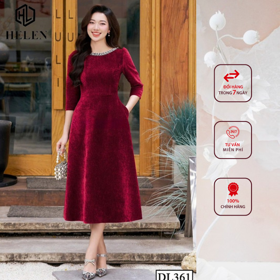 Đầm liền công sở HELEN thiết kế dáng xòe nhung đỏ cổ đính ren DL361