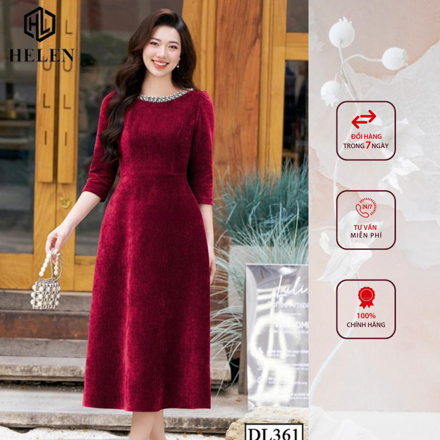 Đầm liền công sở HELEN thiết kế dáng xòe nhung đỏ cổ đính ren DL361