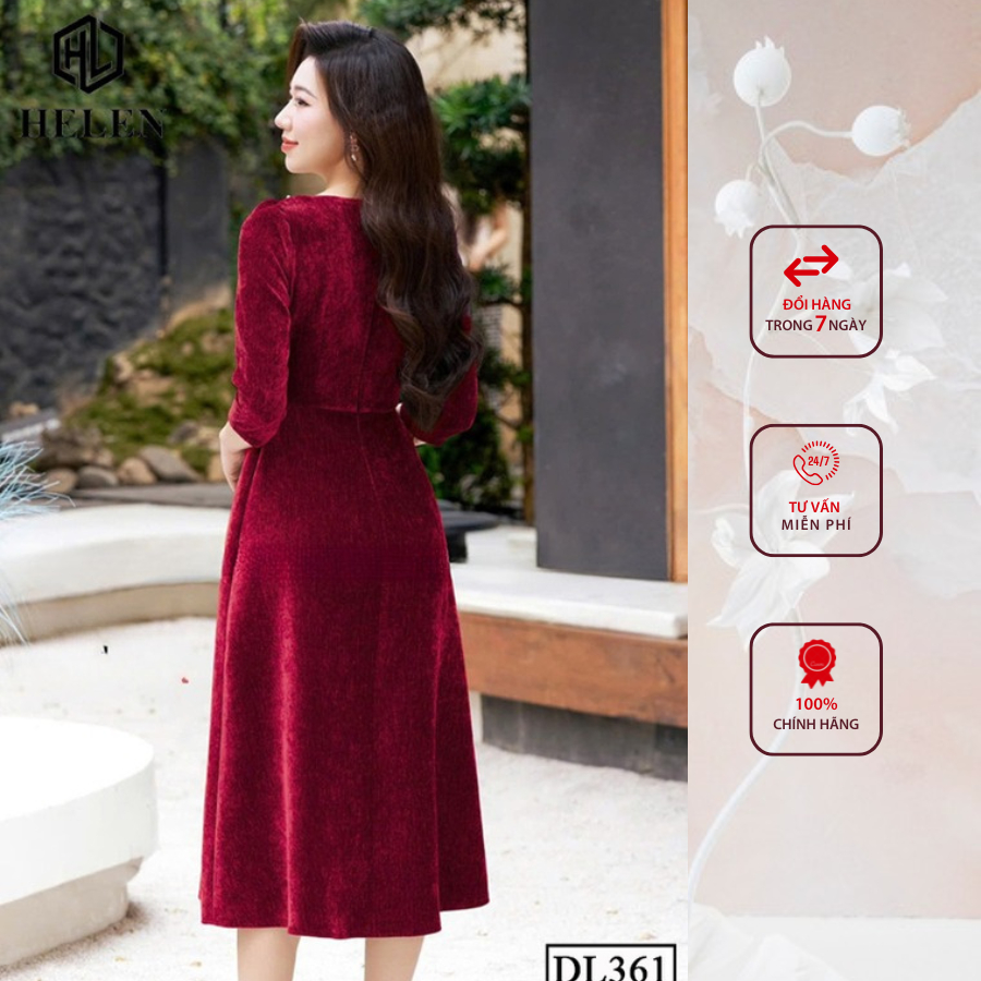 Đầm liền công sở HELEN thiết kế dáng xòe nhung đỏ cổ đính ren DL361