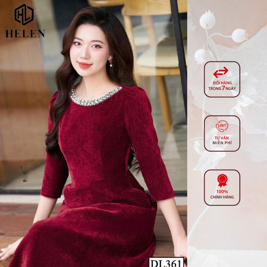 Đầm liền công sở HELEN thiết kế dáng xòe nhung đỏ cổ đính ren DL361
