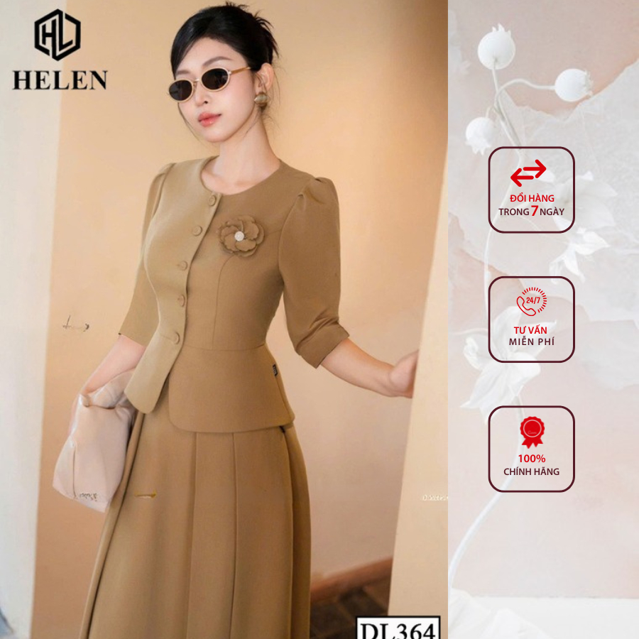 Đầm liền công sở HELEN thiết kế dáng xòe pelum hồng giả set đính cúc ngực DL365