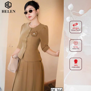 Đầm liền công sở HELEN thiết kế dáng xòe pelum nâu giả set đính cúc ngực DL364