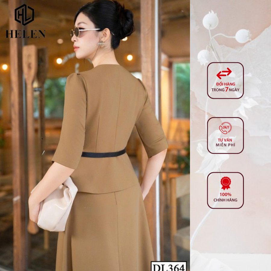 Đầm liền công sở HELEN thiết kế dáng xòe pelum nâu giả set đính cúc ngực DL364
