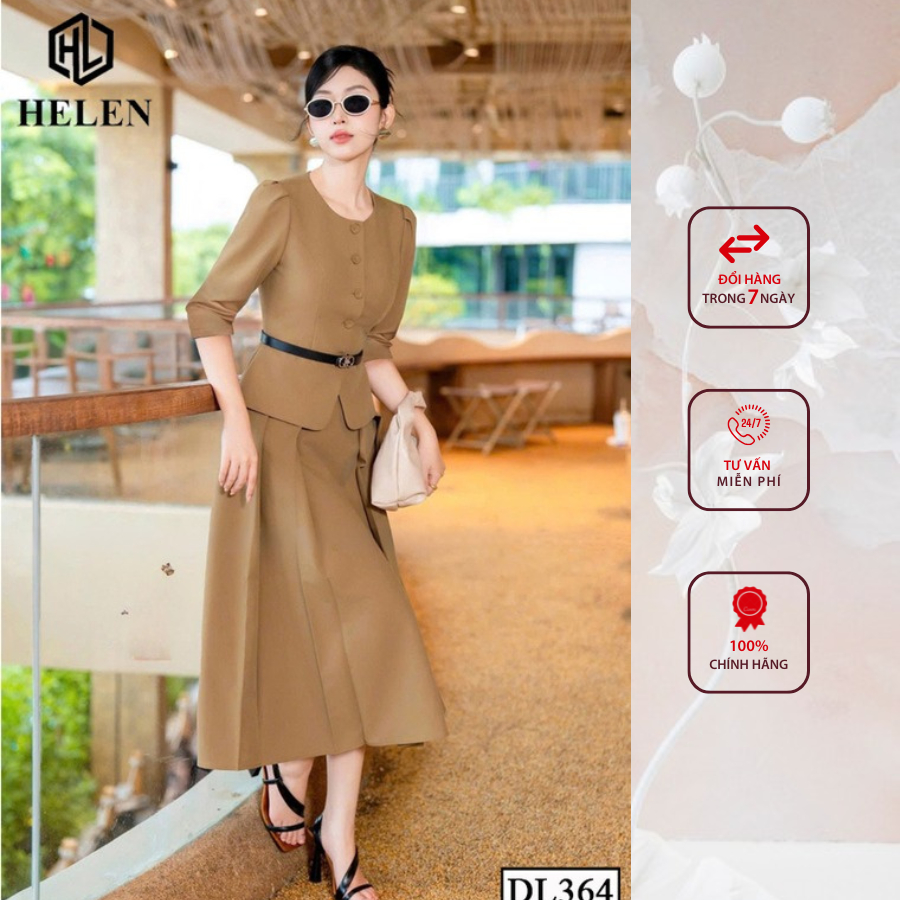 Đầm liền công sở HELEN thiết kế dáng xòe pelum nâu giả set đính cúc ngực DL364