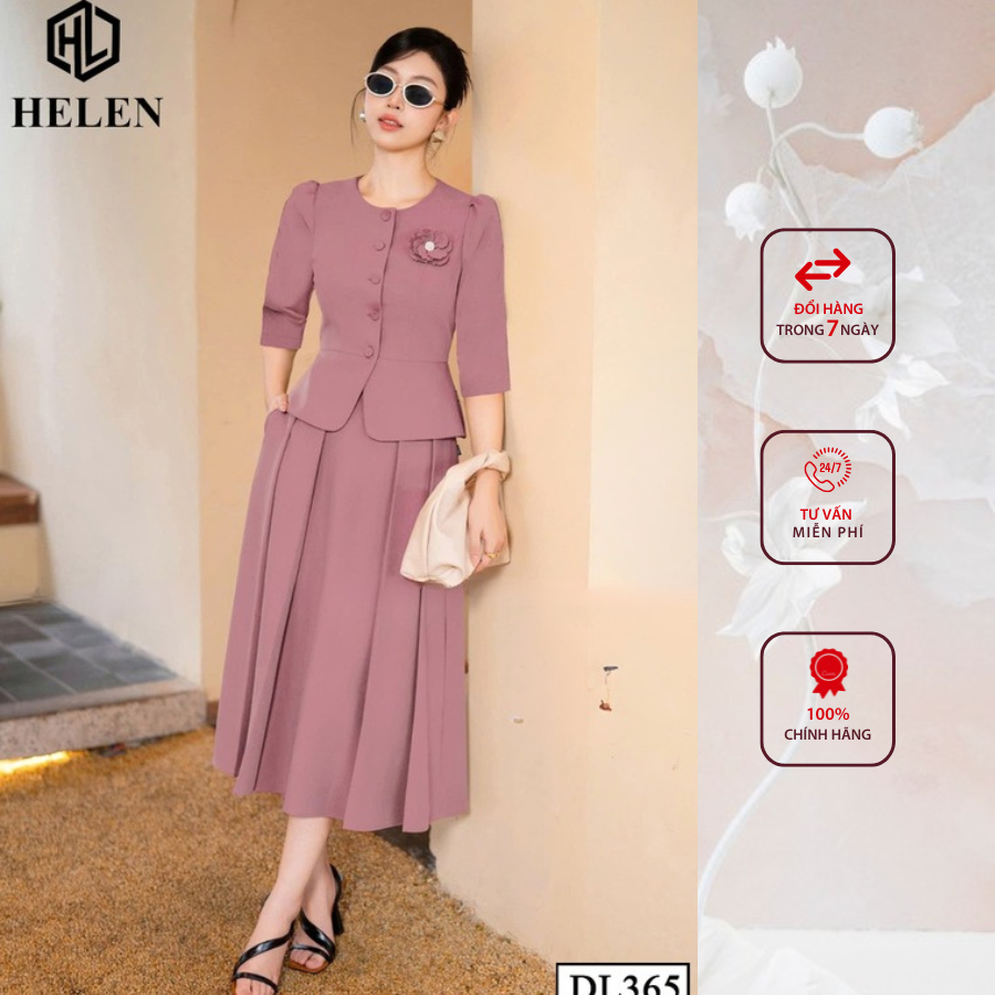 Đầm liền công sở HELEN thiết kế dáng xòe pelum hồng giả set đính cúc ngực DL365