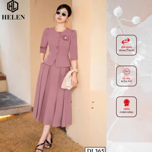 Đầm liền công sở HELEN thiết kế dáng xòe pelum hồng giả set đính cúc ngực DL365
