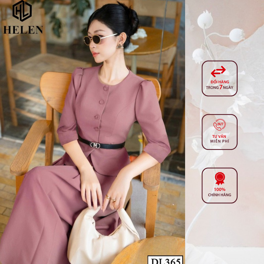 Đầm liền công sở HELEN thiết kế dáng xòe pelum hồng giả set đính cúc ngực DL365