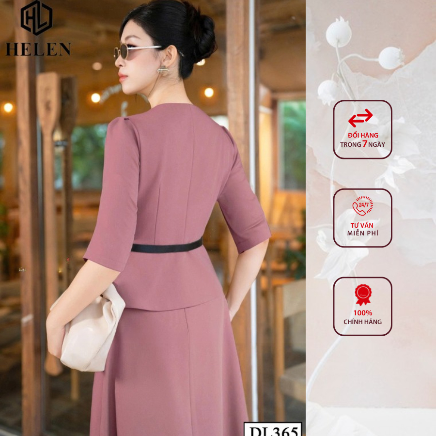 Đầm liền công sở HELEN thiết kế dáng xòe pelum hồng giả set đính cúc ngực DL365