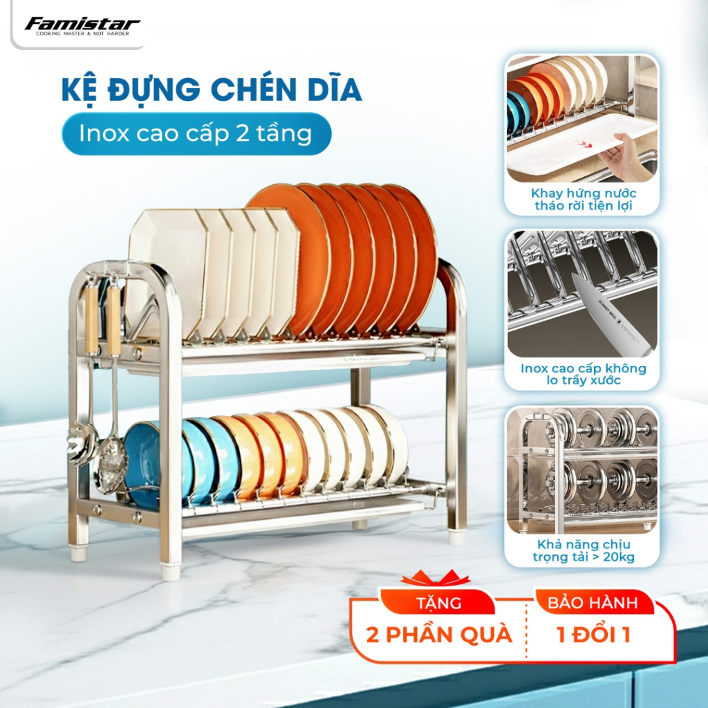 Kệ Đựng Chén Đĩa Inox 304 Chống Gỉ 2 Tầng Famistar , Kệ Nhà Bếp Tiết Kiệm Diện Tích, Dễ Vệ Sinh