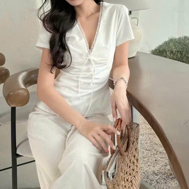 Áo Kiểu Linen cột nơ Xinh Nữ Cổ V Phối Viền Ren Tay Ngắn Mùa Hè 217