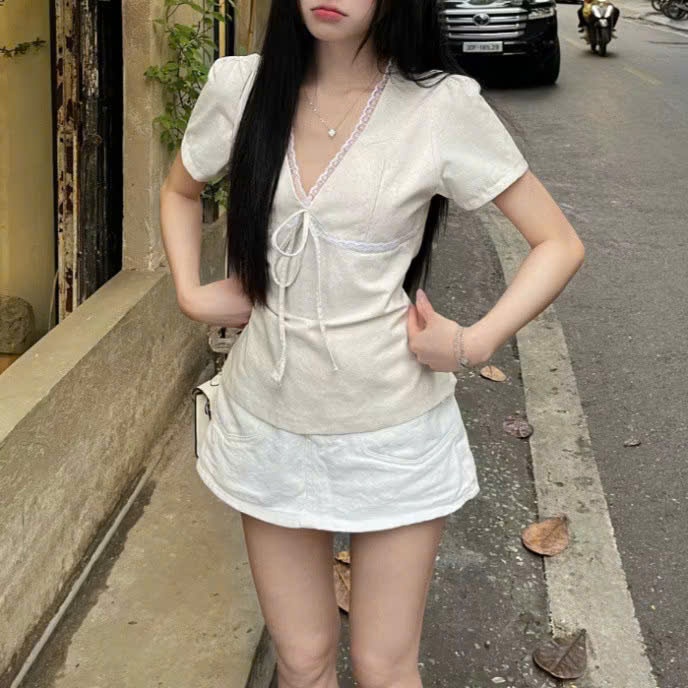 Áo Kiểu Linen cột nơ Xinh Nữ Cổ V Phối Viền Ren Tay Ngắn Mùa Hè 217