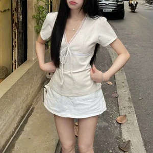 Áo Kiểu Linen cột nơ Xinh Nữ Cổ V Phối Viền Ren Tay Ngắn Mùa Hè 217