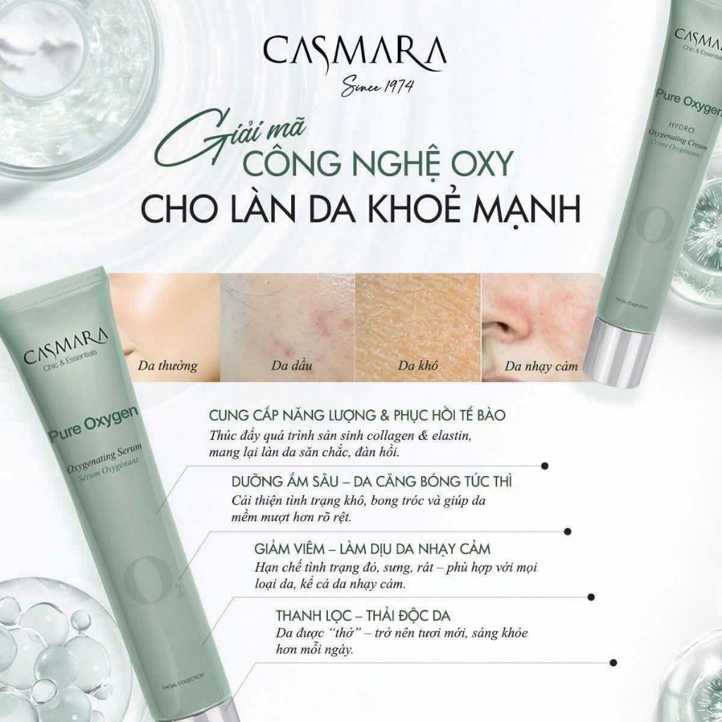 Bộ Đôi Casmara Pure Oxygen O2 Serum & Kem Dưỡng Cấp Oxy Dưỡng Ẩm Làm Sáng Da Chính Hãng