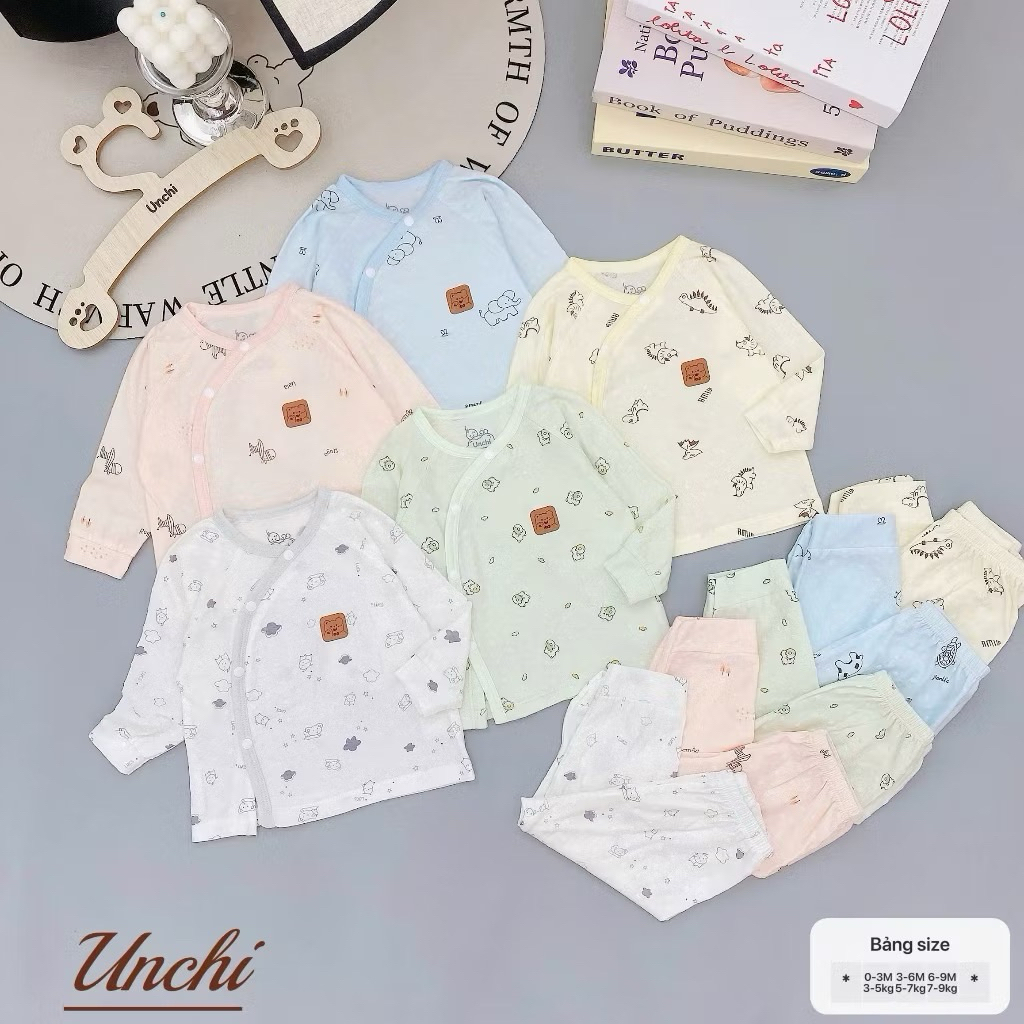 (UCDT 01) Bộ Sơ Sinh Dài Tay Unchi Họa Tiêt Vải Petit Vân Nổi Mềm Mỏng Thoáng Mát Cho Bé Từ 3-8kg (Form nhỏ)