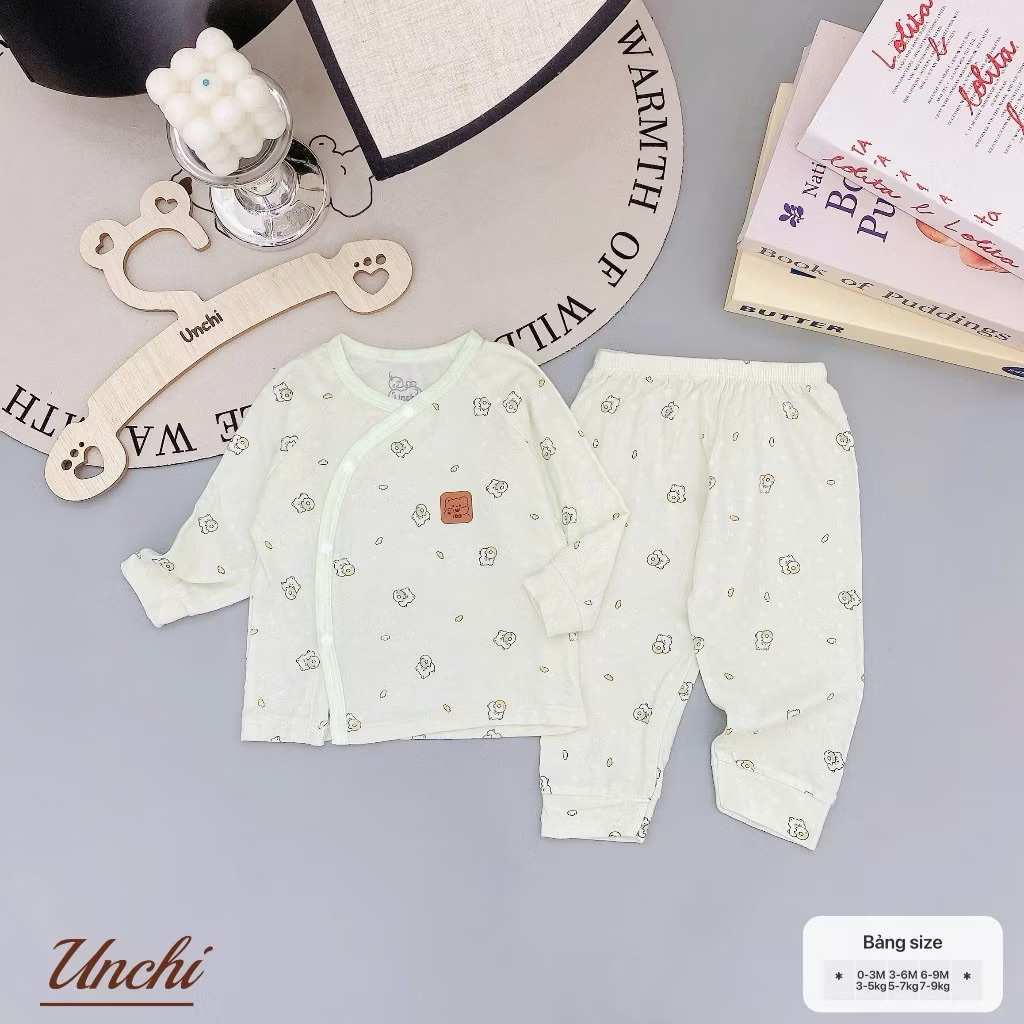 (UCDT 01) Bộ Sơ Sinh Dài Tay Unchi Họa Tiêt Vải Petit Vân Nổi Mềm Mỏng Thoáng Mát Cho Bé Từ 3-8kg (Form nhỏ)