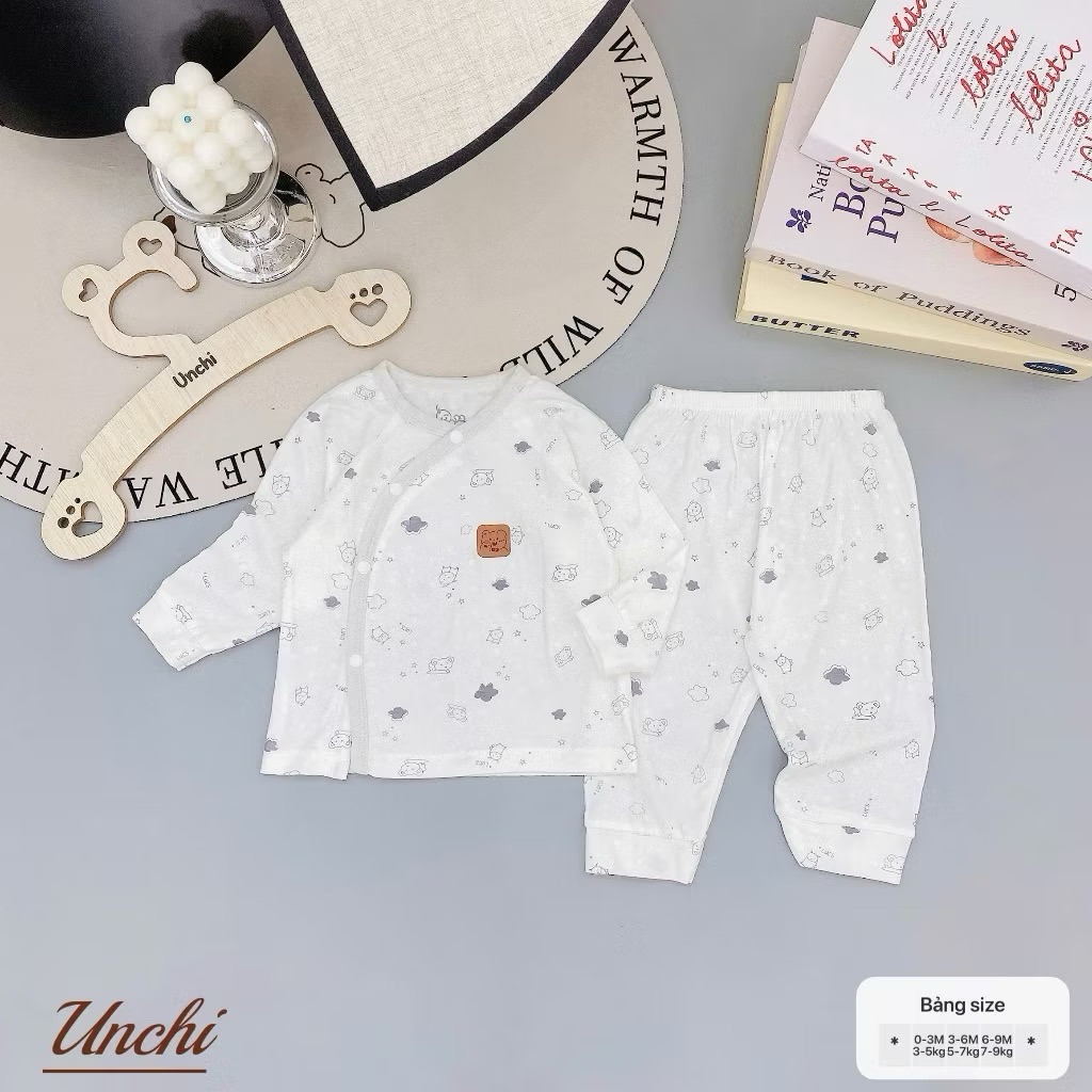 (UCDT 01) Bộ Sơ Sinh Dài Tay Unchi Họa Tiêt Vải Petit Vân Nổi Mềm Mỏng Thoáng Mát Cho Bé Từ 3-8kg (Form nhỏ)