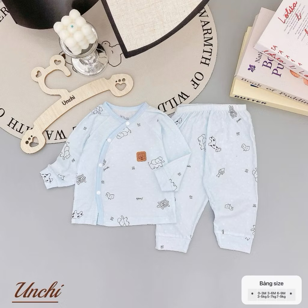 (UCDT 01) Bộ Sơ Sinh Dài Tay Unchi Họa Tiêt Vải Petit Vân Nổi Mềm Mỏng Thoáng Mát Cho Bé Từ 3-8kg (Form nhỏ)