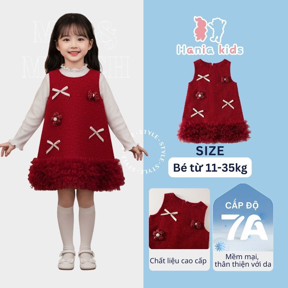 Váy Cho Bé Gái, Váy Dạ Thiết Kế Tone Đỏ Sang Chảnh Chân Váy Phối Voan Bồng Xòe Chất Liệu Dạ Ấp Áp