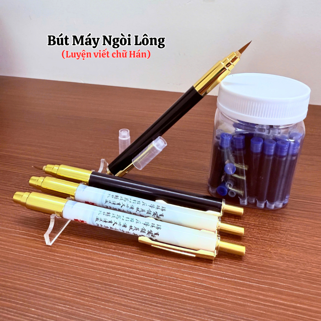Bút Lông Bấm Ngòi Cho Người Học Tiếng Trung Và Viết Thư Pháp - Tặng kèm 50 ống mực