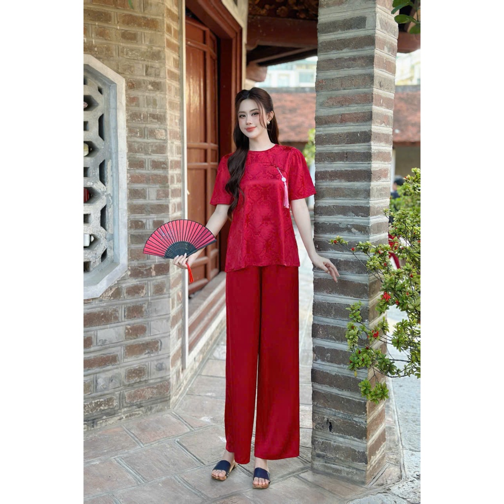 Bộ lam gấm thọ chất liệu gấm phối lụa latin thoáng mát không bai nhão thấm hút mồ hôi tốt s1327