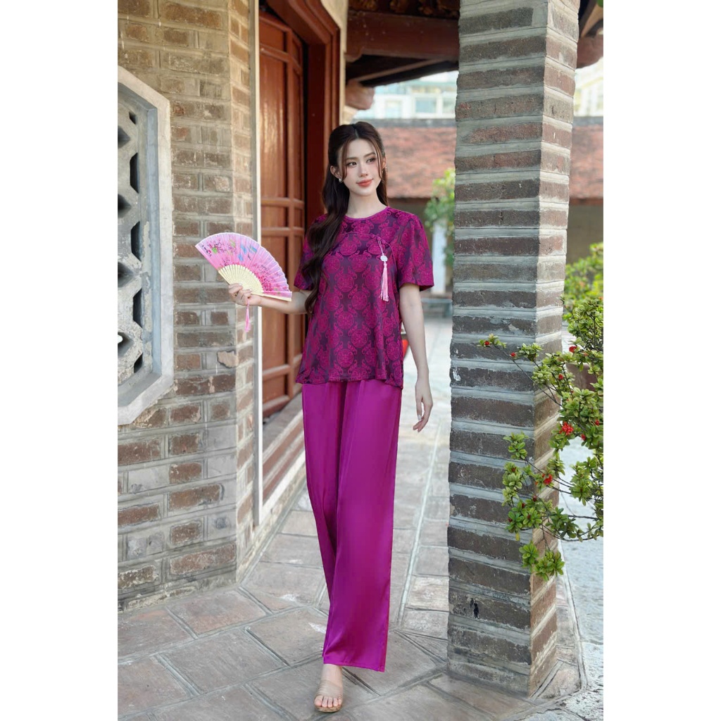 Bộ lam gấm thọ chất liệu gấm phối lụa latin thoáng mát không bai nhão thấm hút mồ hôi tốt s1327