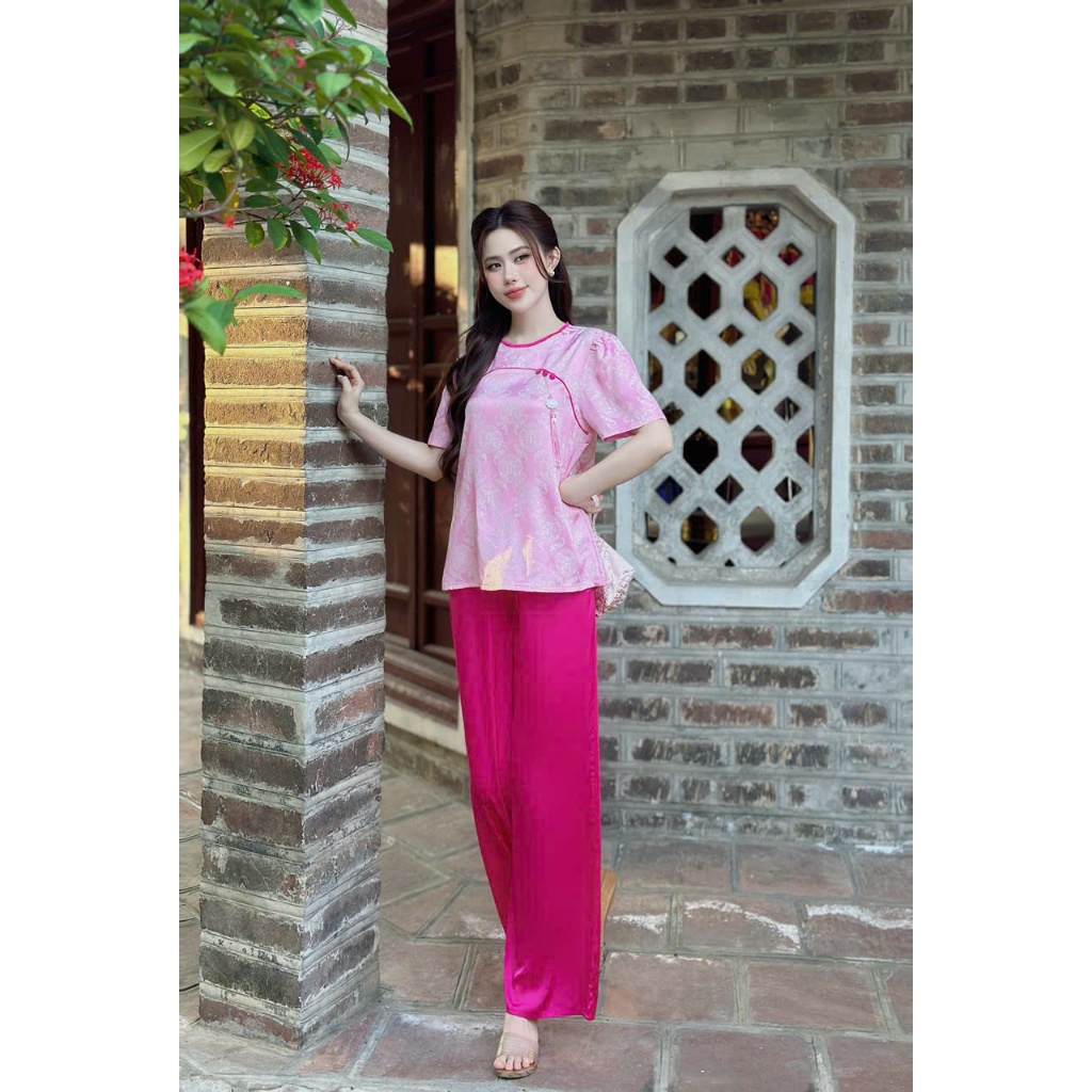 Bộ lam gấm thọ chất liệu gấm phối lụa latin thoáng mát không bai nhão thấm hút mồ hôi tốt s1327