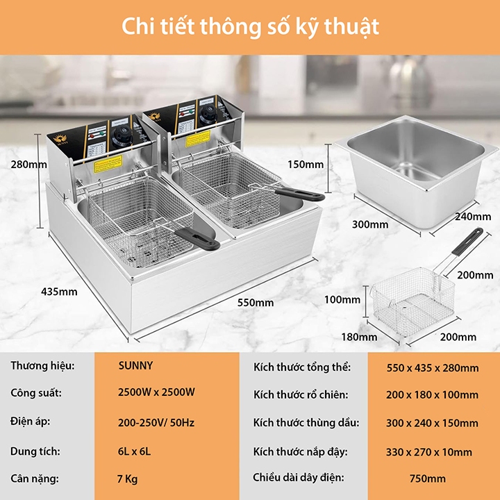 Bếp chiên 12 lít SUNNY 5000W chất liệu inox dày dặn, bền bỉ theo thời gian