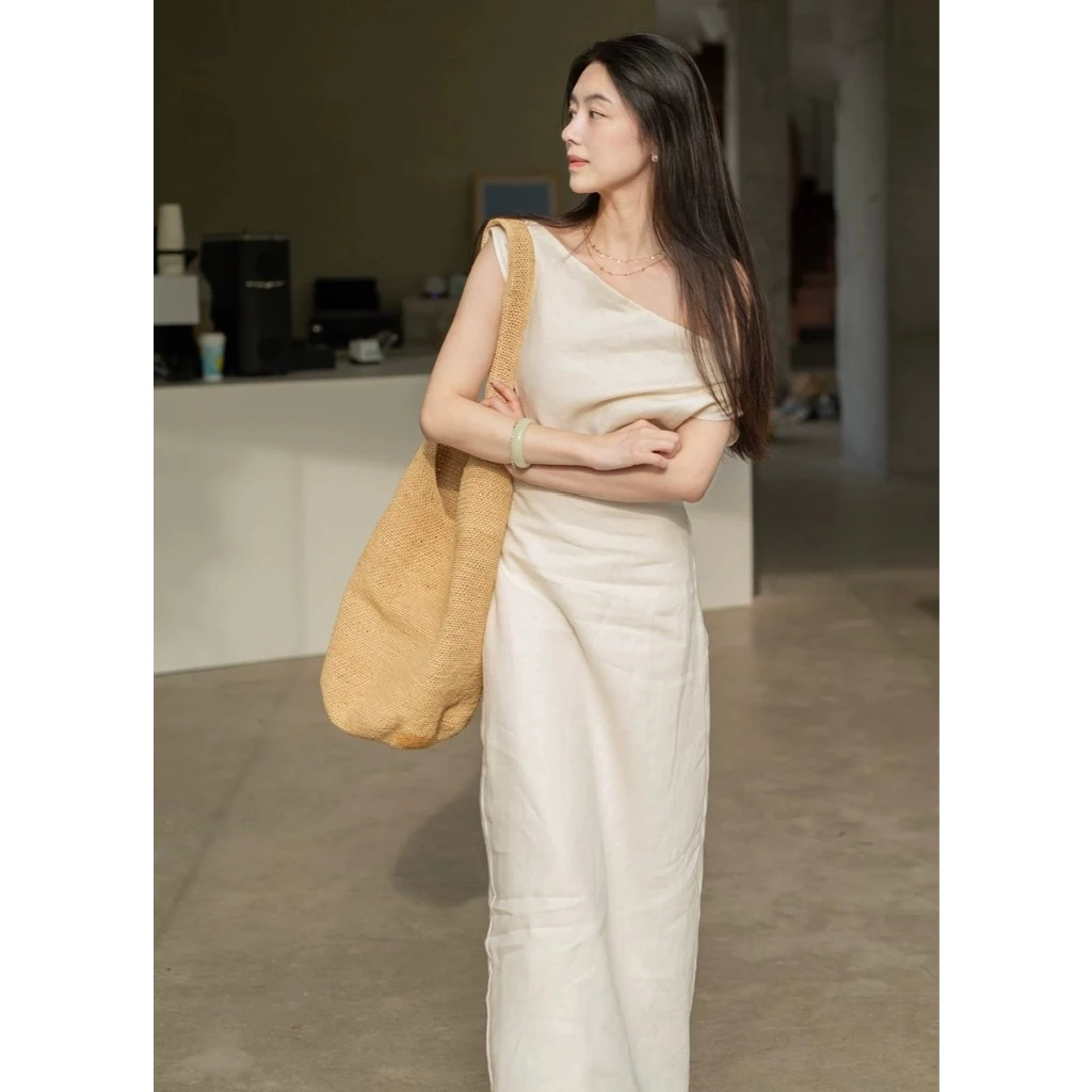 Đầm midi trễ vai vải linen phong cách Pháp, form suông thanh lịch - Koala Boutique