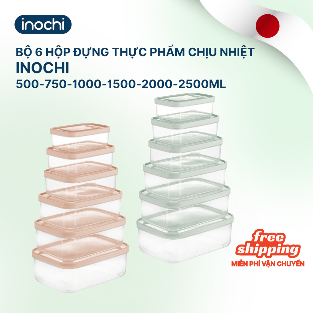 Bộ 6 hộp thực phẩm chữ nhật Inochi - Hokkaido 500-750-1000-1500-2000-2500ml