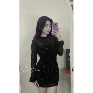 Set đầm 2 chi tiết, body nhũ tay lông phối đầm ống