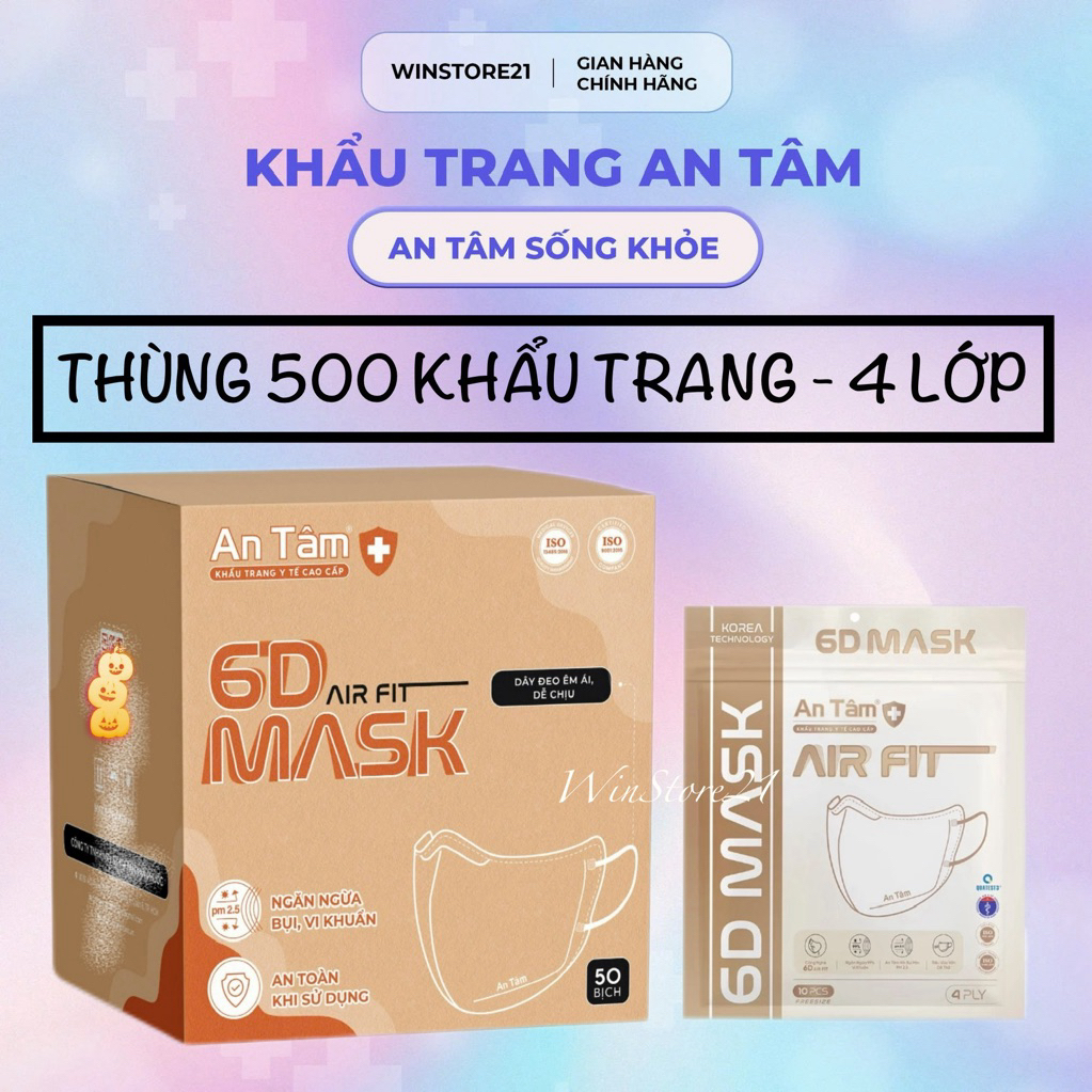 6D MASK - Thùng 500 Cái Khẩu Trang Y Tế kháng khuẩn chính hãng An Tâm ôm sát khuôn mặt chống nắng