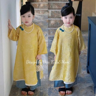 Áo dài cách tân cho bé gái đi chơi tết sắc hồng cam-vàng-đỏ mận,áo dài tết 4 tà bé gái sz 10-40kg
