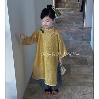 Áo dài cách tân cho bé gái đi chơi tết sắc hồng cam-vàng-đỏ mận,áo dài tết 4 tà bé gái sz 10-40kg