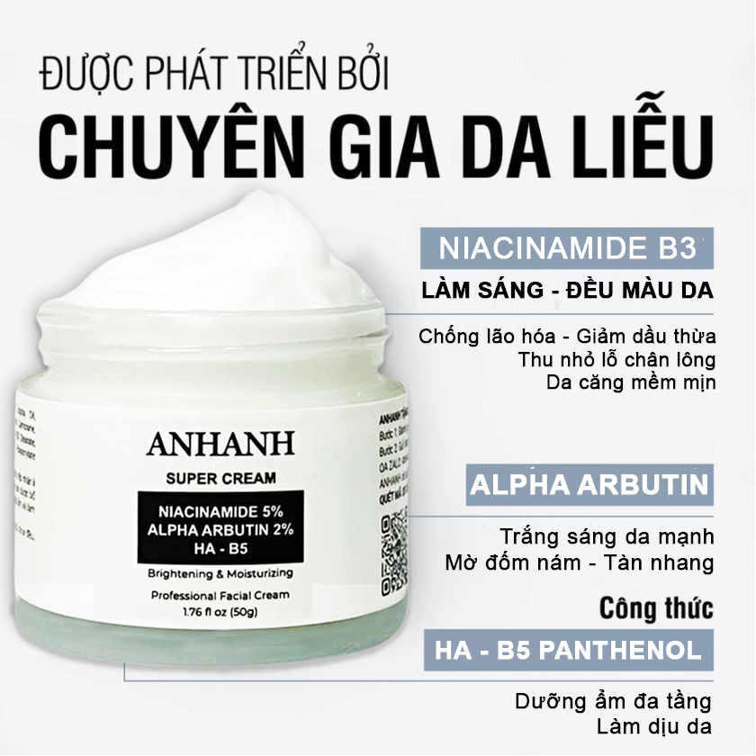 Kem Alpha Arbutin + Glutathione dưỡng trắng da, mờ thâm nám ANHANH - ngừa lão hóa, cấp ẩm sâu