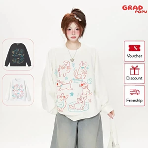Áo nỉ GRADPOPU cổ tròn in họa tiết hoạt hình dễ thương và sống động, rộng rãi thoải mái PAN47